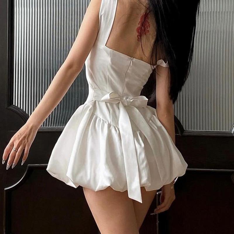 Pure Desire Style Bow Tied Flower Bud Short Skirt White Sexy Hot Girl Waistless Satin Suspender Dress for Women