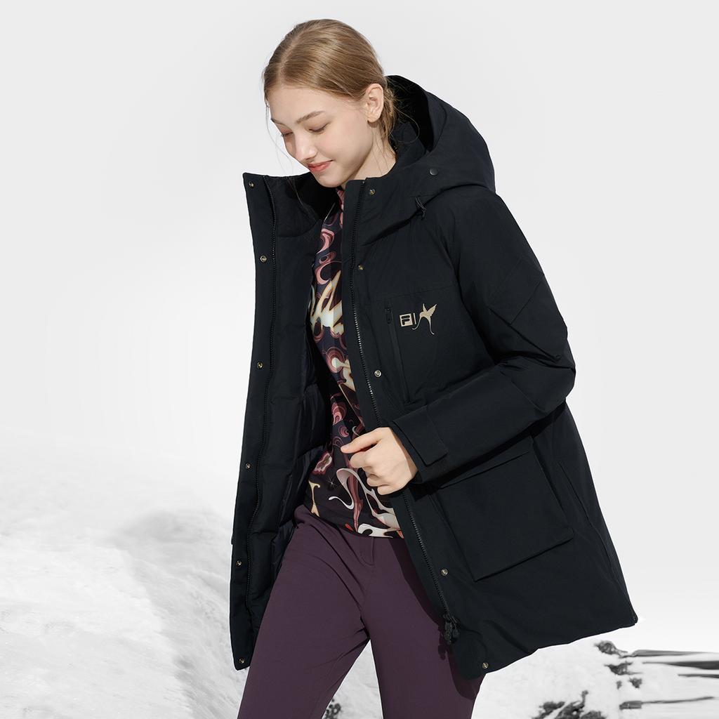 FILA Explore Series Solid Color Logo Print Mid-Length Hooded Long Sleeve Down Jacket Women outerwear Deep-Black A11W447916FBK
