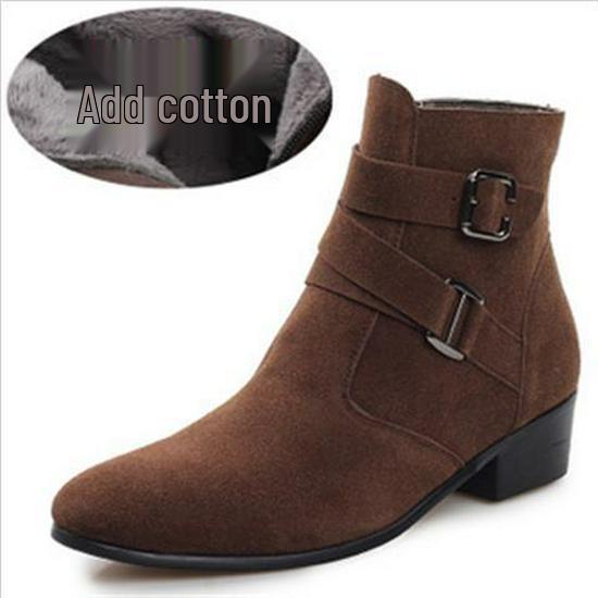 Men's Winter Plus Velvet Short Suede Boots – Korean Style, Trendy British High-Top with Inner Height Increase and Pointed Toe Design.
