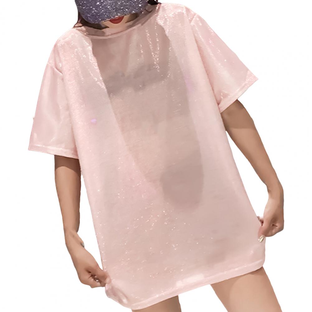 Summer Casual Tops Round Neck Short Sleeve Loose Fit Tee Shirt Glitter Mid-length Pullover Tops Streetwear