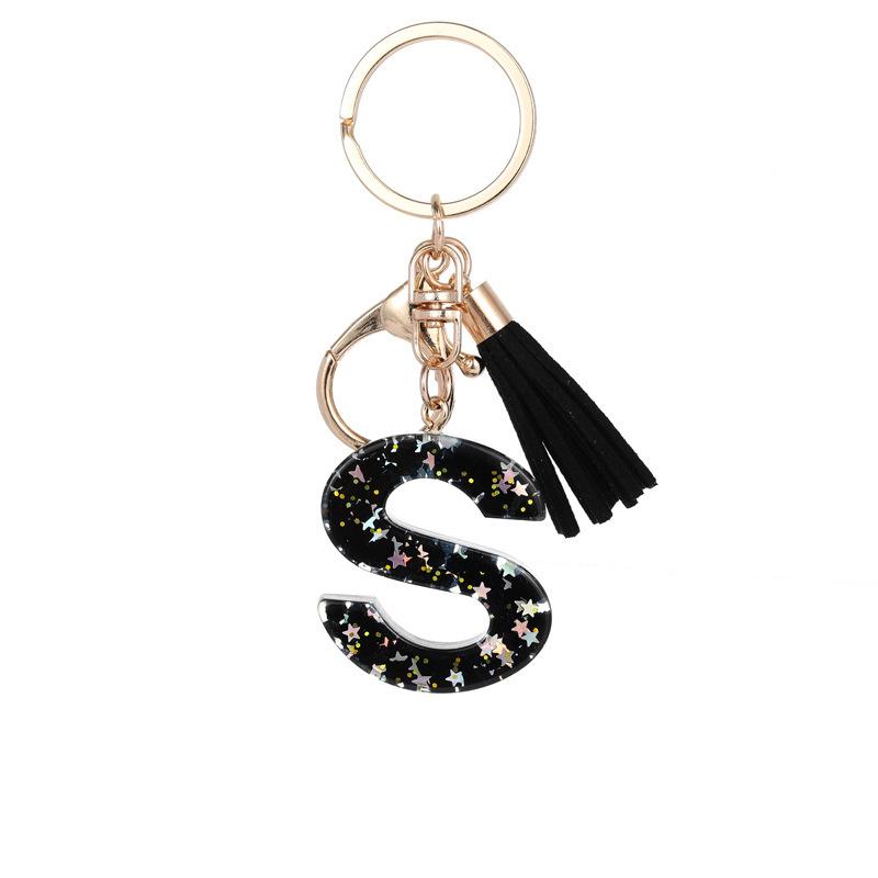 Black Glitter Star Sequins Resin 26 Letters Keychain Initials A-Z Keyring Tassel Charm Accessories Backpack Hanging Decoration