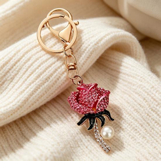 Keychain Pendant Sparkling Rhinestones Inlaid Imitation Pearl Rose Design Key Chain Lightweight Car Bag Decorative Accessory