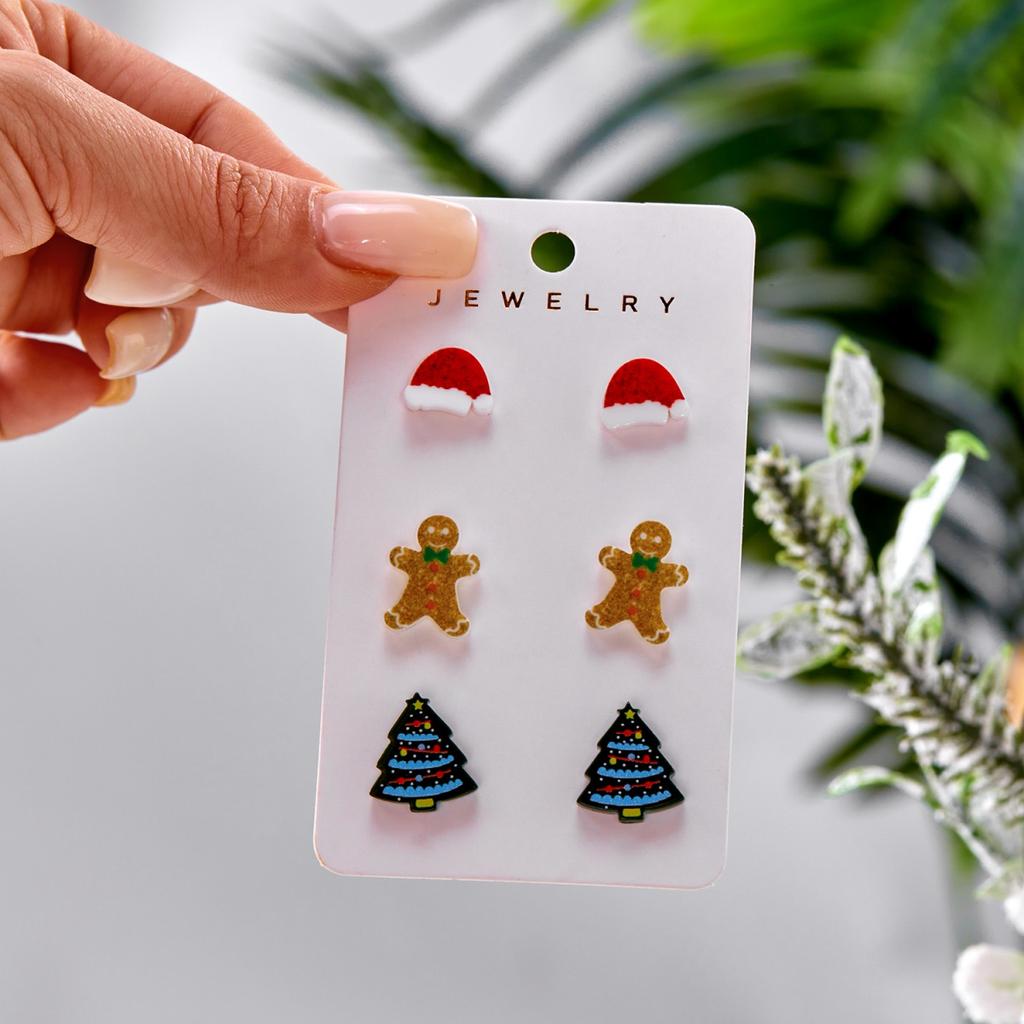 Christmas Acrylic Reindeer Xmas Tree Gingerbread Christmas Hat Stud Earrings Set Holiday Earrings Jewelry Gifts For Women Men