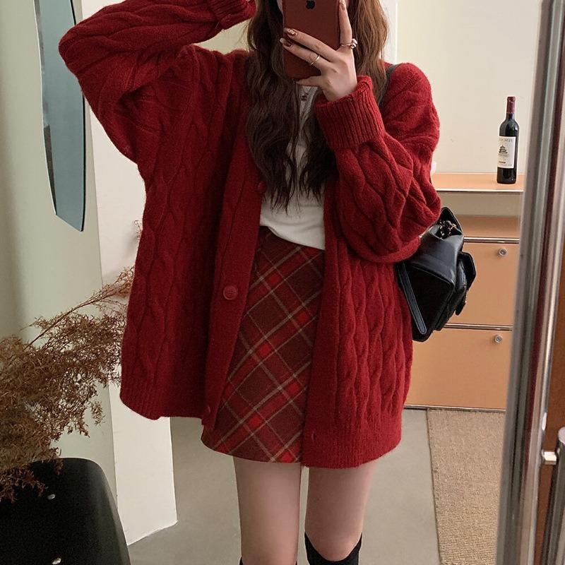 

Женский осенне-зимний новый толстый свободный вязаный свитер с V-образным вырезом в стиле ленивой вязки One size