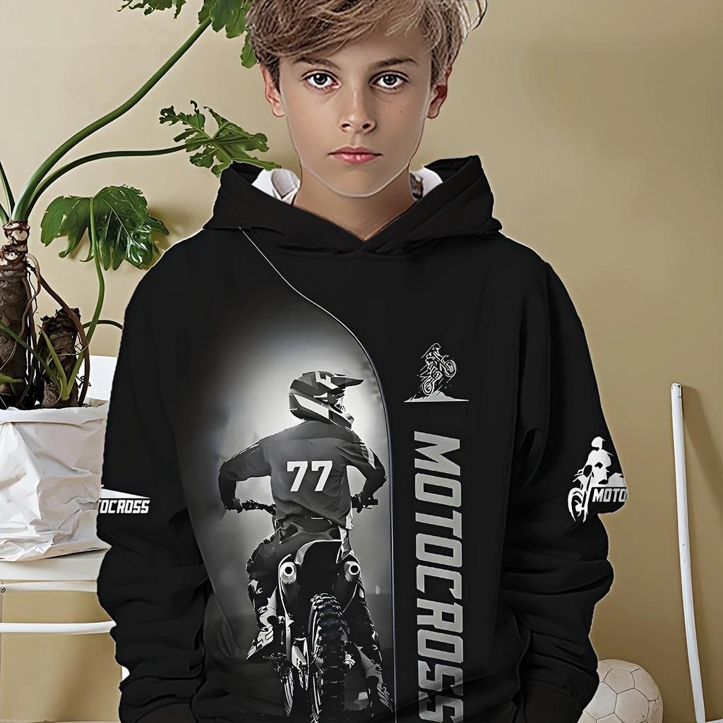 Boys' Fashionable Off-road Motorcycle 3D Printed Long Sleeved Hooded Sweatshirt, Boys' Spring and Autumn Sportswear