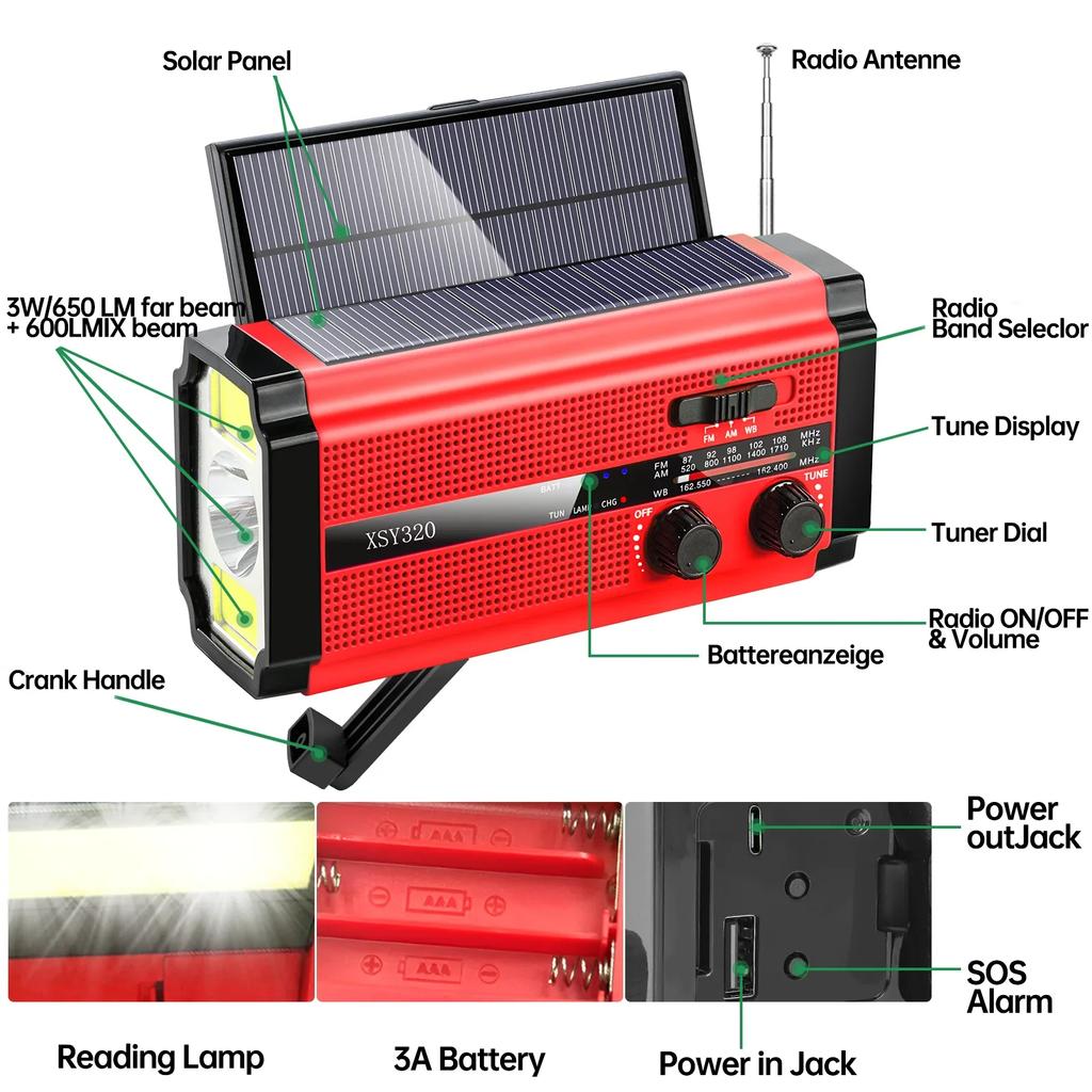 WOOPKER 5000mAh Emergency Radio FM XSY-320 Portable Hand Powered Solar Rechargeable Waterproof with SOS Alarm Flashlight Weather