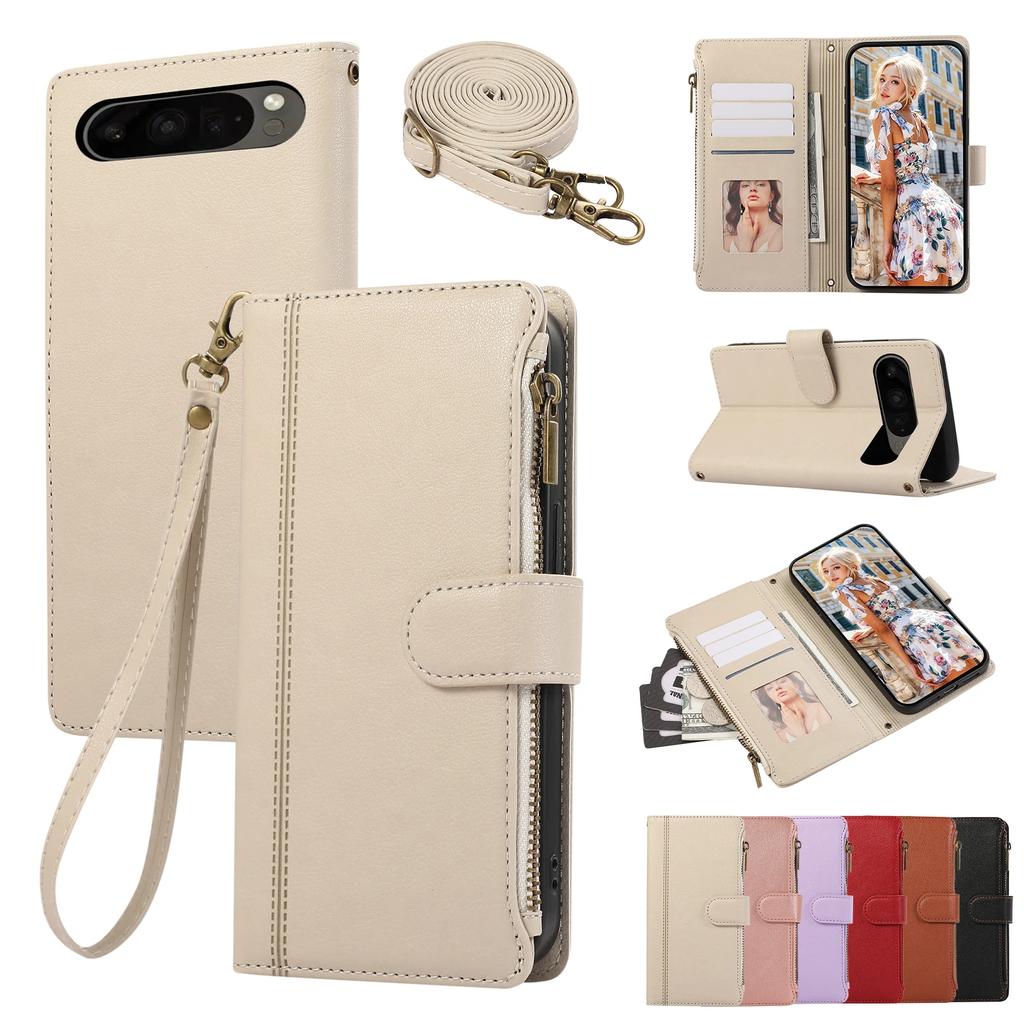 Wrist Strap Crossbody Wallet with Card Holder Phone Case for Google Pixel 9 8 7 6 Pro 8A 7A Protective Shockproof Leather Cover