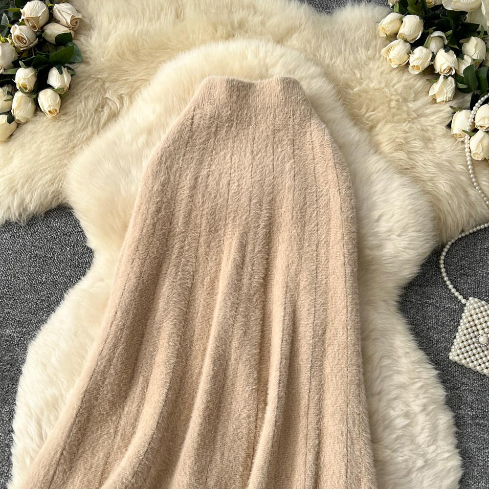 Autumn Winter Women French Elegant Knitted Long Midi Slim Bodycon Fishtail Skirt