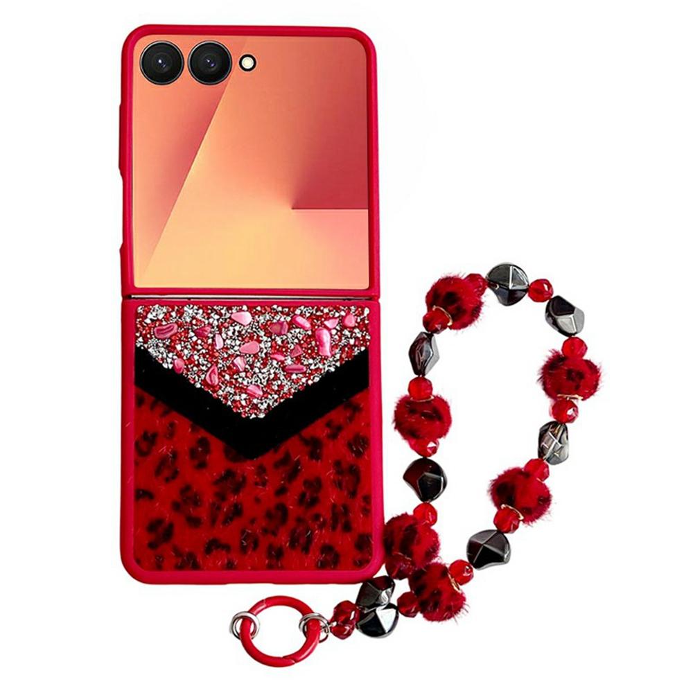 For Samsung Galaxy Z Flip7 5G Case Stone Decor Glitter Leopard Splicing Plush PC Phone Cover with Hand Chain