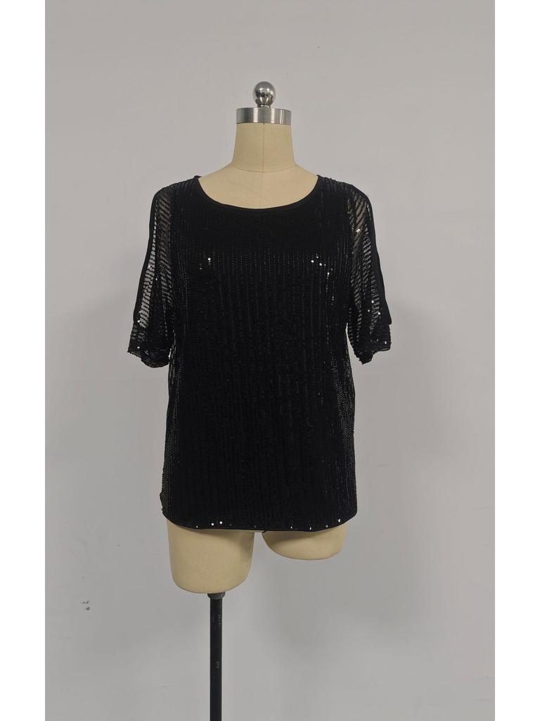 Women's Off-Shoulder Glitter Sequin Short Sleeve Top