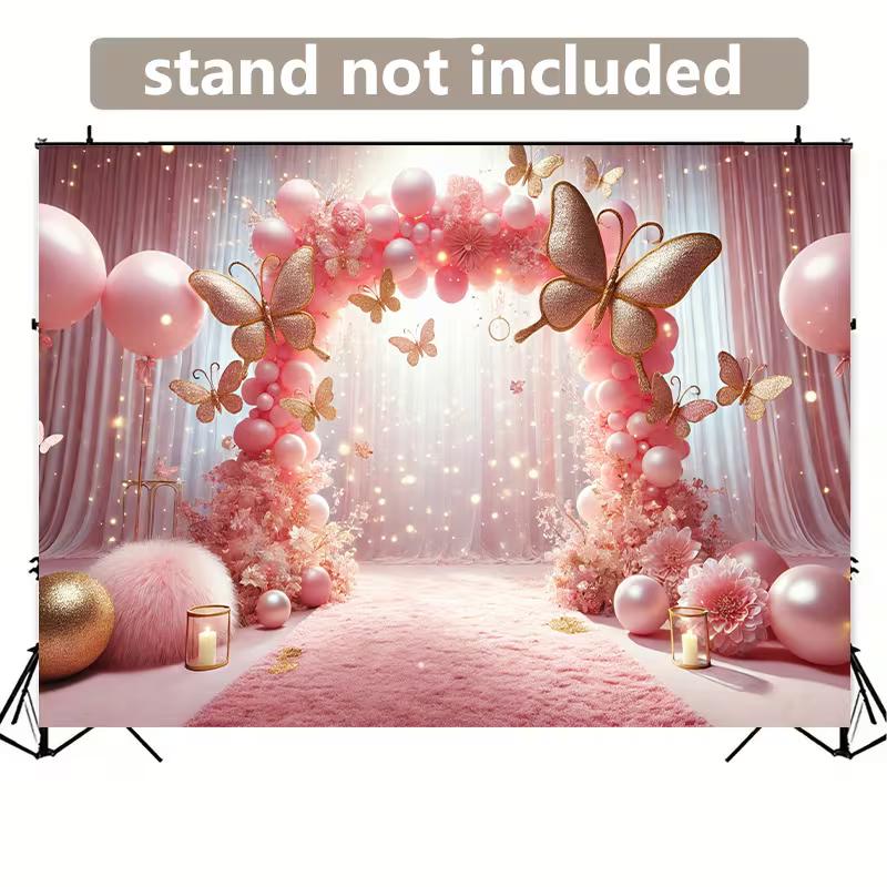 2D Dreamy Pink Curtain Backdrop with Sparkles and Balloons for Gender Reveals, Bridal Events and TV Shoots