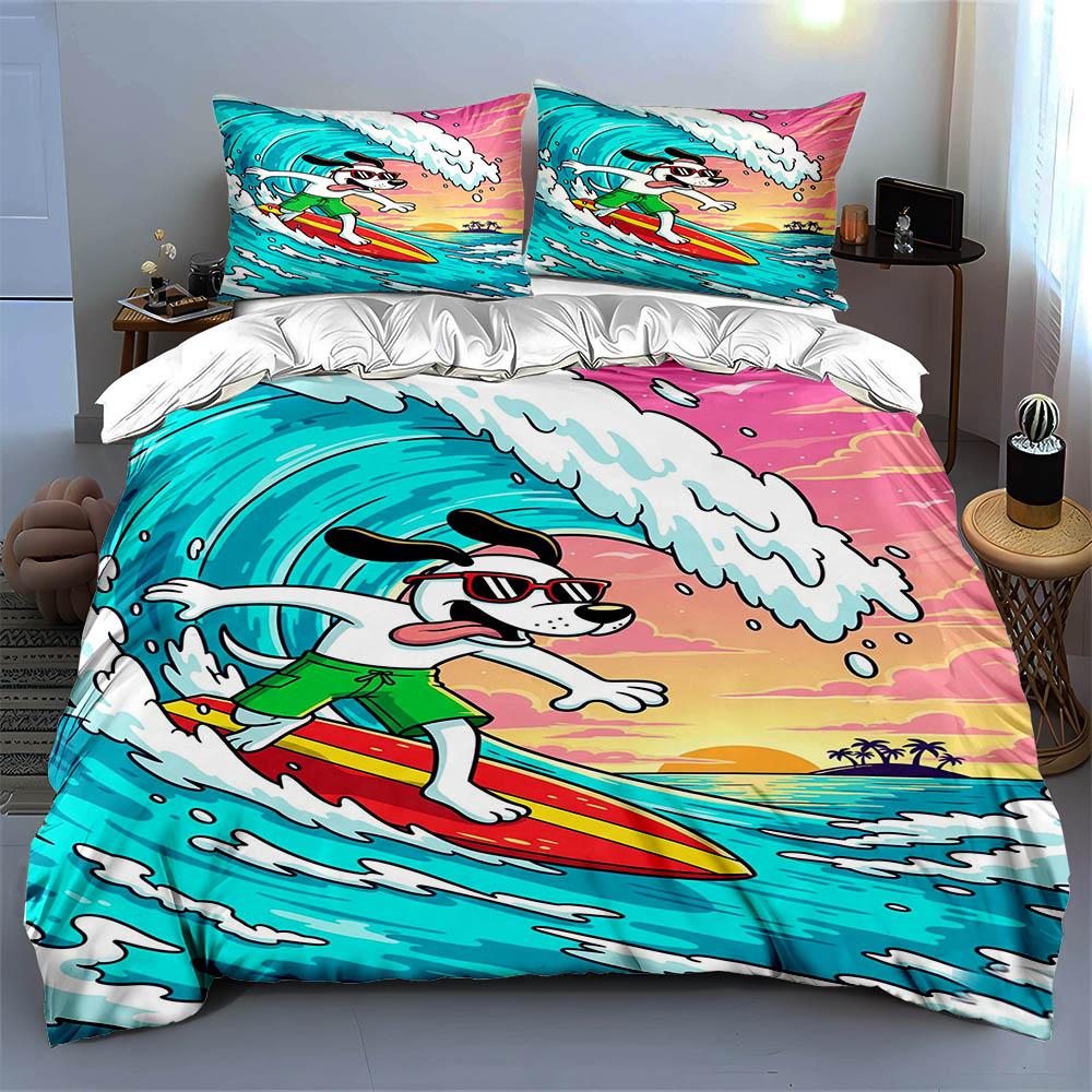 Surfing dog with waves. Bedding sets Duvet cover sets Duvet covers Pillowcases(1 * Duvet Cover 2 * Pillowcases, without duvet insert)