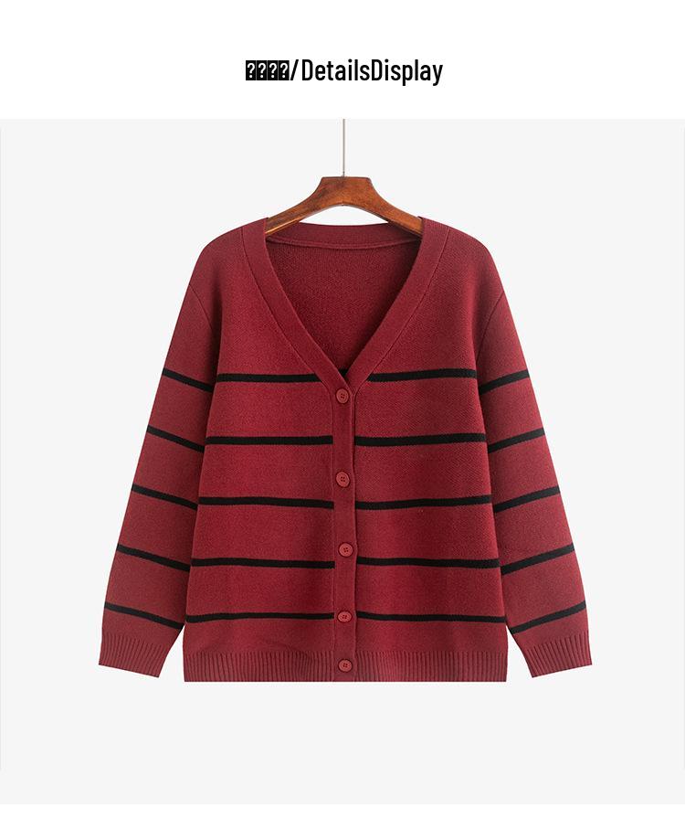Plus Size Women's V-Neck Color Block Stripe Knit Cardigan - Loose Casual Winter Style