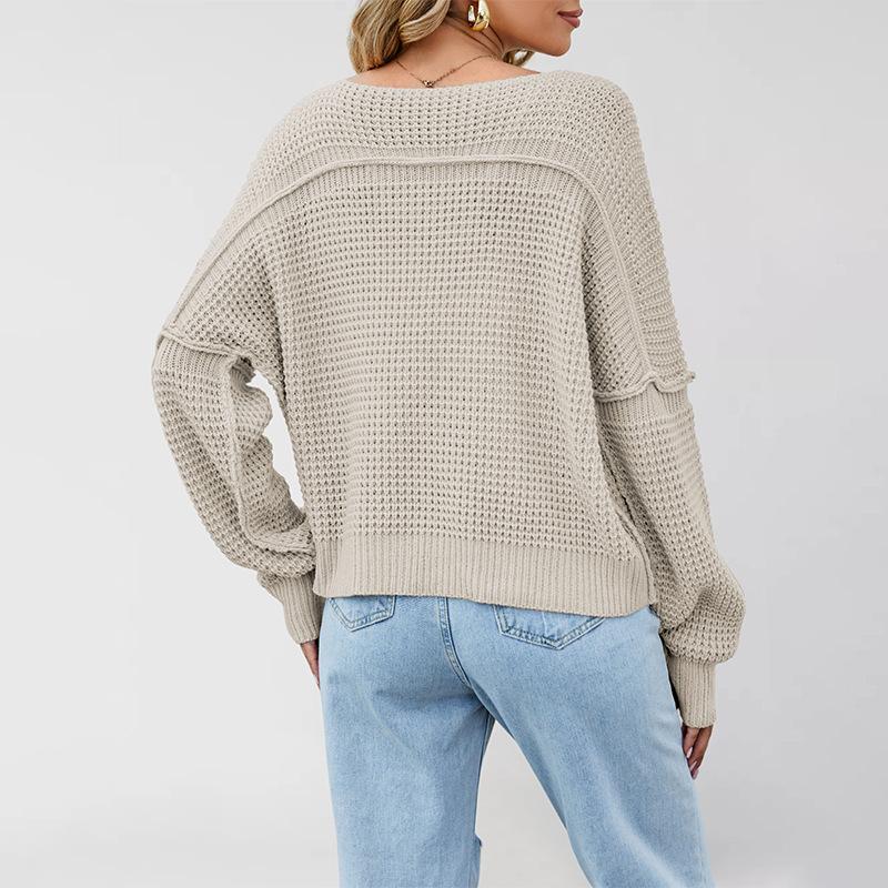Women S V Neck Off Shoulder Knit Sweater Solid Color Casual