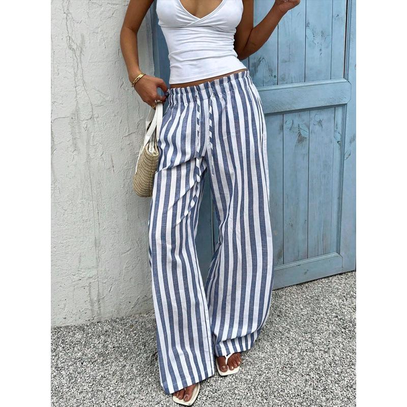 Dopamine Blue Striped High-Waist Wide-Leg Pants for Women Small
