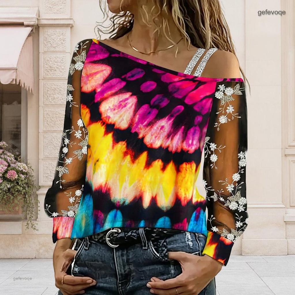 Plus Size Women Slanted Shoulder Long Sleeve Top Boho Abstract Floral Print Mesh Lace Splicing Blouse
