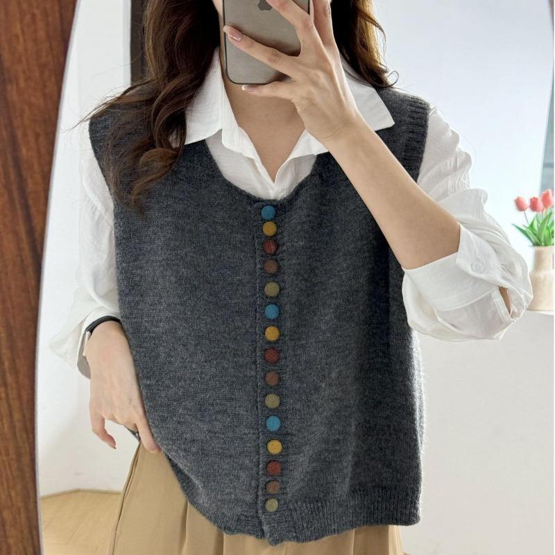 

Autumn new retro high-end breasted loose knitted vest casual stacking versatile sweater women One Size темно-серого