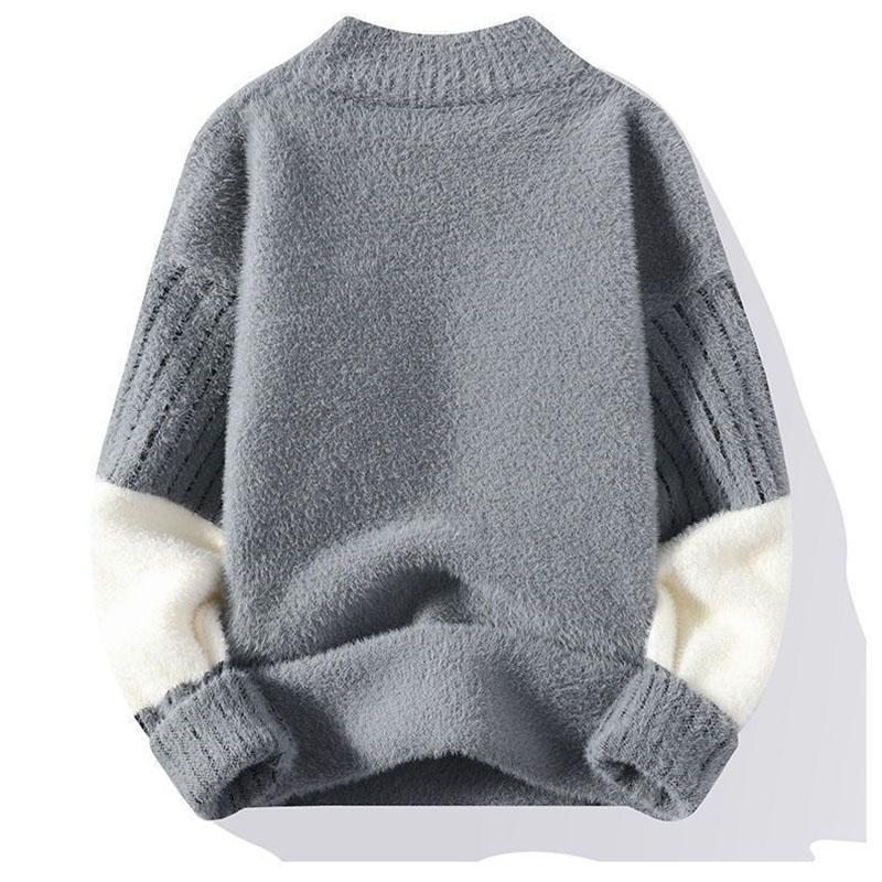 Panelled Anti-Pilling Sweater Men Casual Thicken Winter Half High Collar Knitted Long Sleeve Bottoming Shirt Printing Pullovers