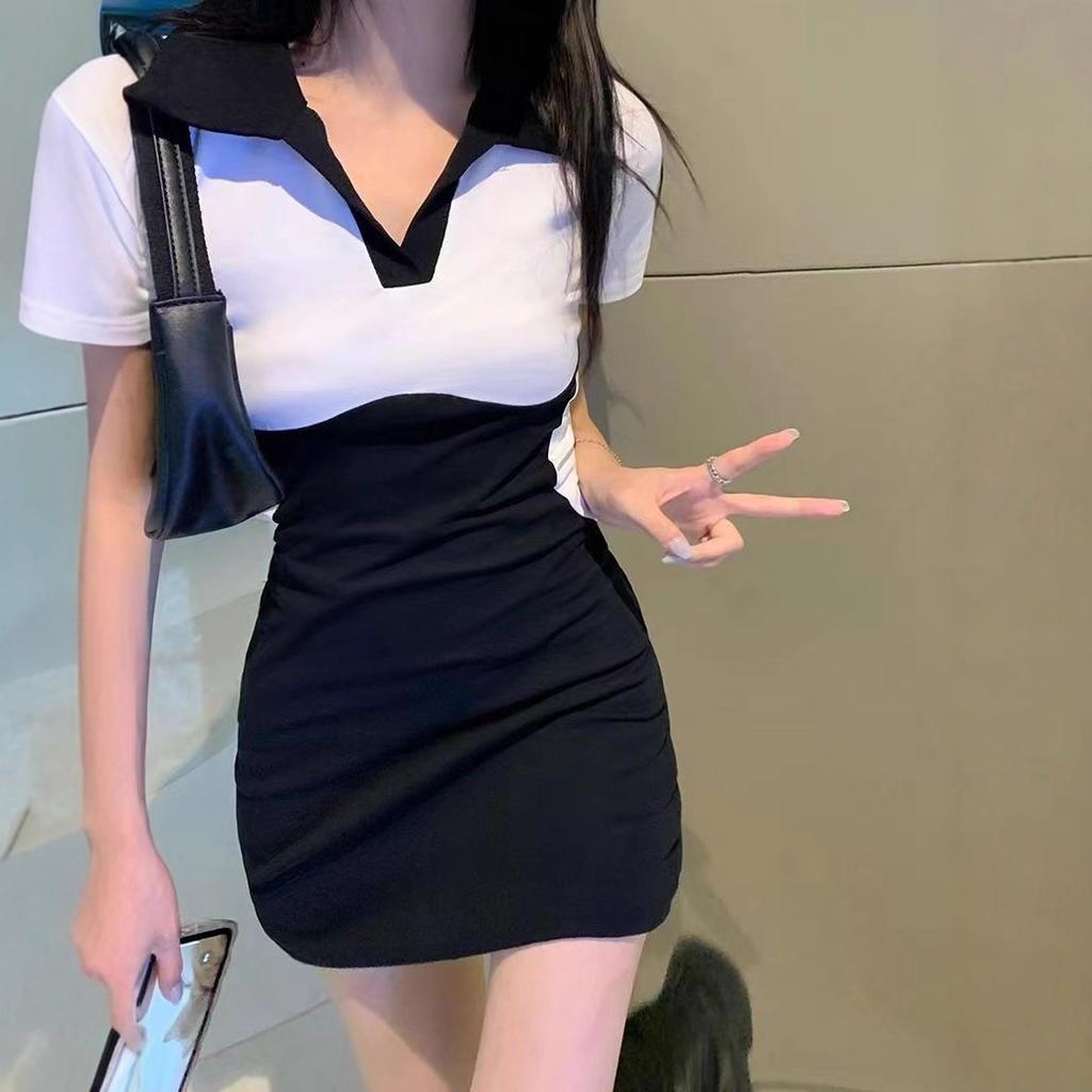 Pure desire splicing contrasting polo neck tight dress women's summer new small man design niche skirt
