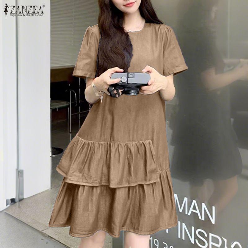 ZANZEA Women Casual Round Neck Summer Short Sleeve Ruffles Dress