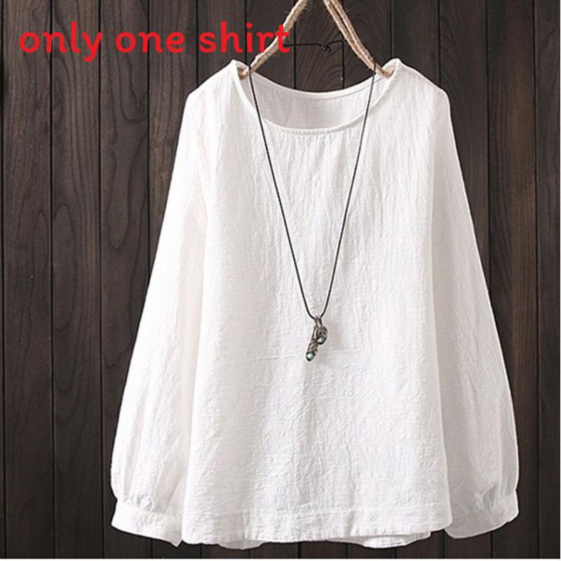 Cotton Linen Long Sleeve Shirt For Women With Round Neck And Relaxed Fit
