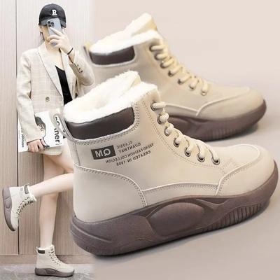 Women's Cotton Boots Winter New High Top Women Plush Warm Student Ankle Boots Thick Soled Lace Up Height Increasing Booties