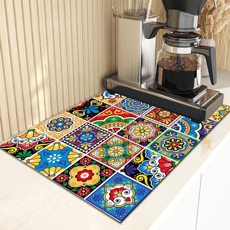 Absorbent Tableware Dish Drying Mats Boho Floral Desk Drain Pad Heat Resistant Counter Mat Non-slip Draining Placemat Kitchen