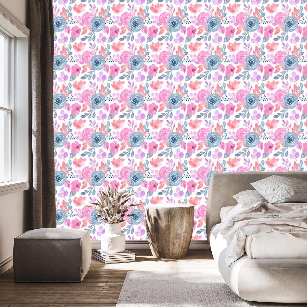 Wallpaper Flowers white, powder pink, coral and blue 50x1000