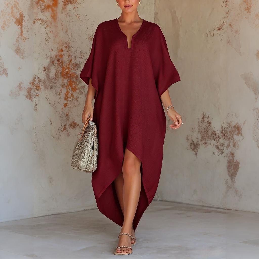 Loose Fit Beach Cover Up Dress Long Kaftan Robe with Pleated Design Vacation Wear Silk Feel Fabric Comfortable Lightweight