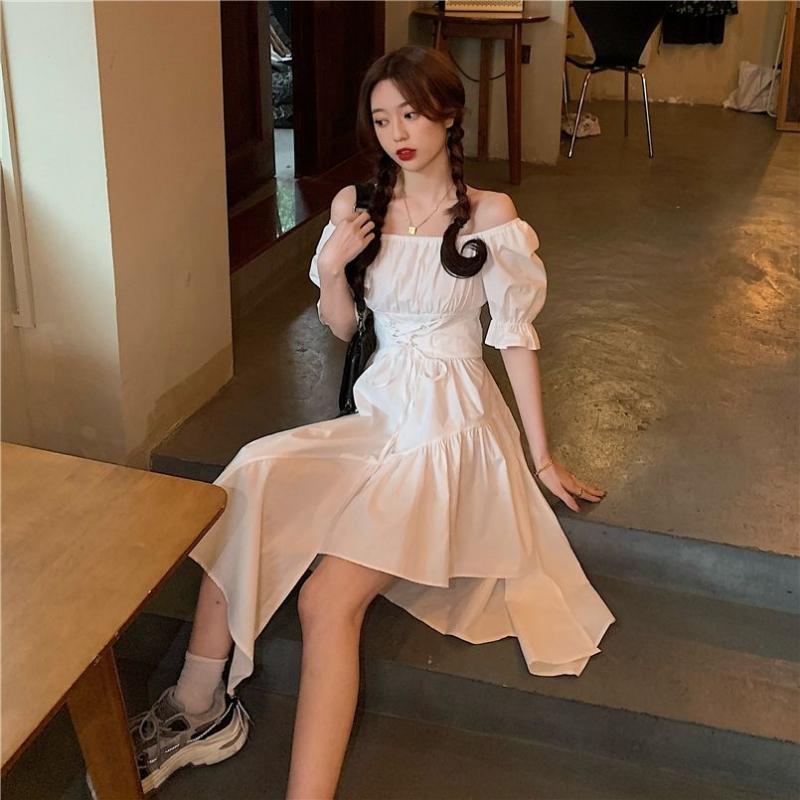 Irregular Hem Solid Color Dresses Female Summer Design Sense Bubble Sleeve Dress