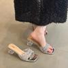 Fashion Shoes Woman 2025 Big Size Transparent Slippers Square Heel Heeled Mules Glitter Slides Block High Jelly Crystal Pumps Shoes Glit