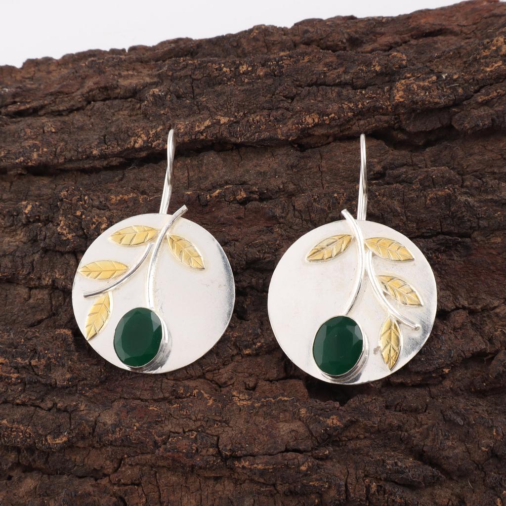 Green Onyx Earrings, Handmade Gemstone Earrings, 925 Solid Sterling Silver Earrings Antique Jewelry, For Engagement Gift