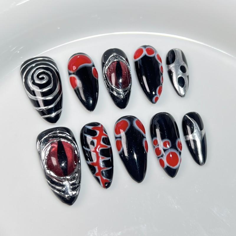 3D Embossed Nail Art Tips Almond Shape Press-On Nails Women Dark Gothic Edgy Style Thin Invisible Fit