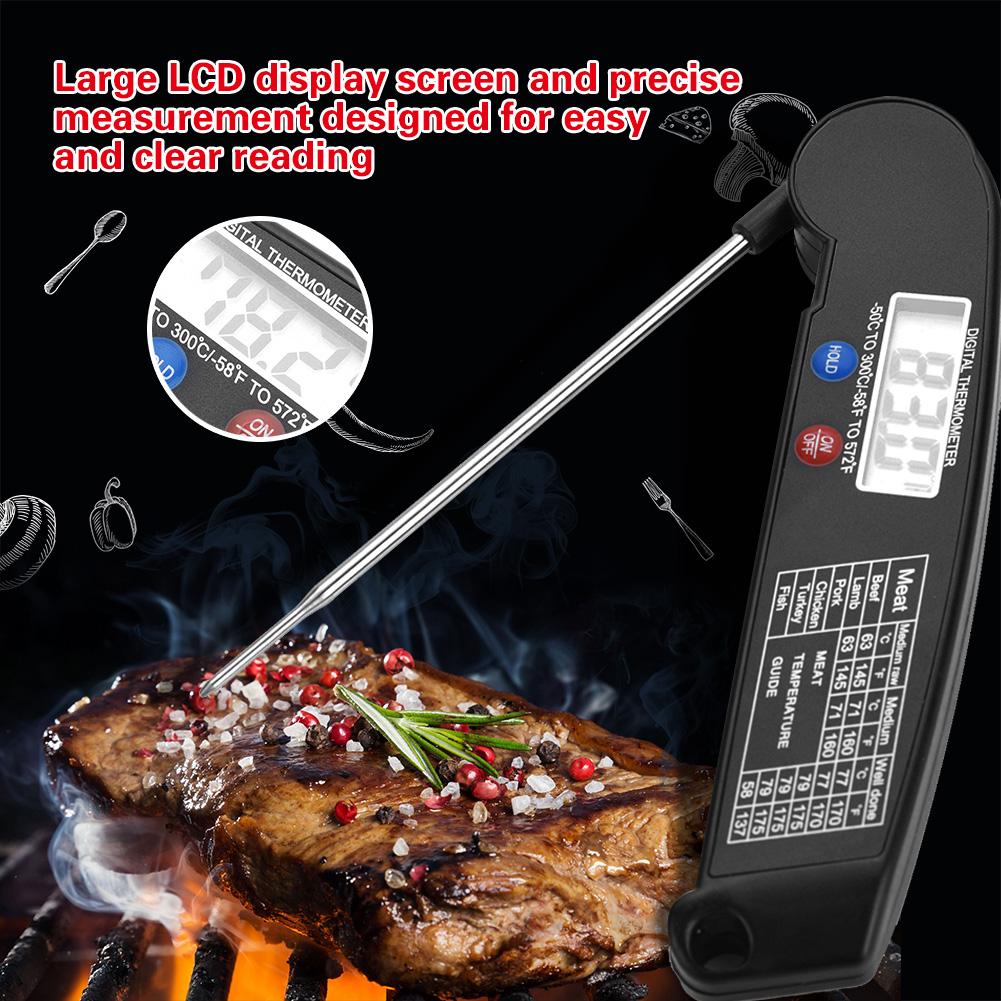 LCD Digital Food Thermometer with Foldable Probe Kitchen Cooking BBQ Grill Temp Tester Black