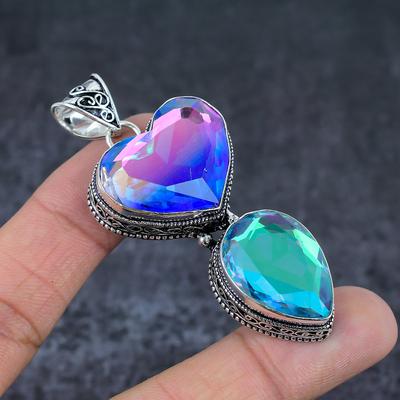 Natural Mystic Topaz Gemstone 925 Sterling Silver Jewelry Pendant 2.68" V6w52
