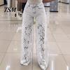 Jeans Versatili da Donna Patchwork di Pizzo da Donna Borsa Casual Ampia Gamba Dritta Larga Spandex per Pantaloni in Denim Vita Media Floreale Traforato Flessibile