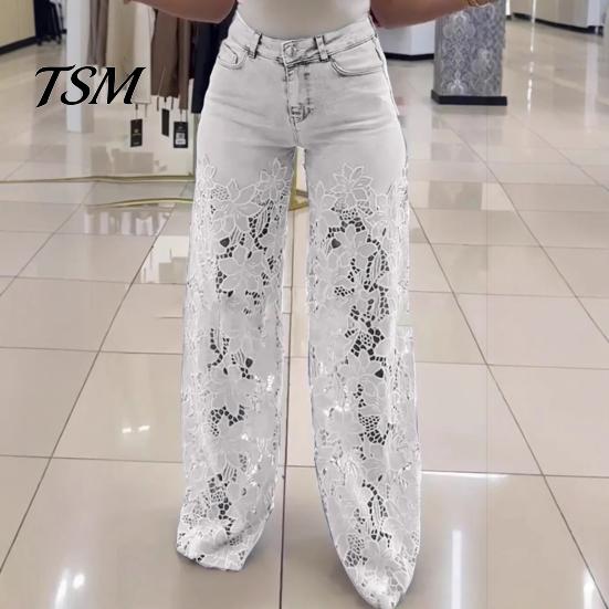 Jeans Versatili da Donna Patchwork di Pizzo da Donna Borsa Casual Ampia Gamba Dritta Larga Spandex per Pantaloni in Denim Vita Media Floreale Traforato Flessibile