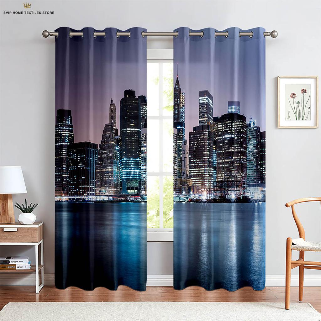 City Building 3D Printing Curtain, Night View Scenery, Bedroom, Living Room, Kitchen, Decorative, Easy To Wash and Care, 2 Pcs