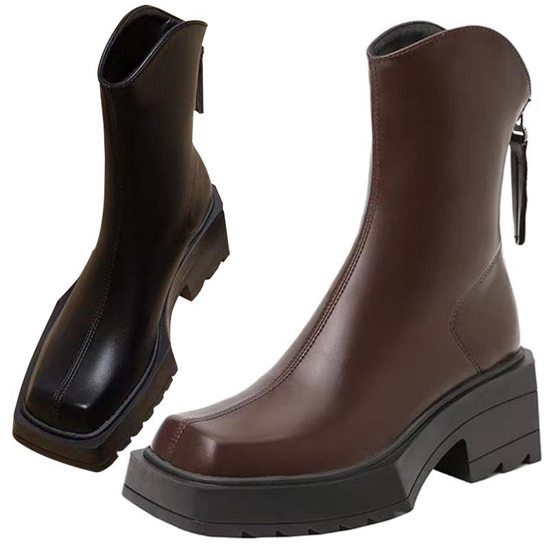 Women's Shoes Mid Heel Pumps Mid-Calf Boots Fashion Chelsea Boots Autumn and Winter Thick Soled Square Toe Short Boots
