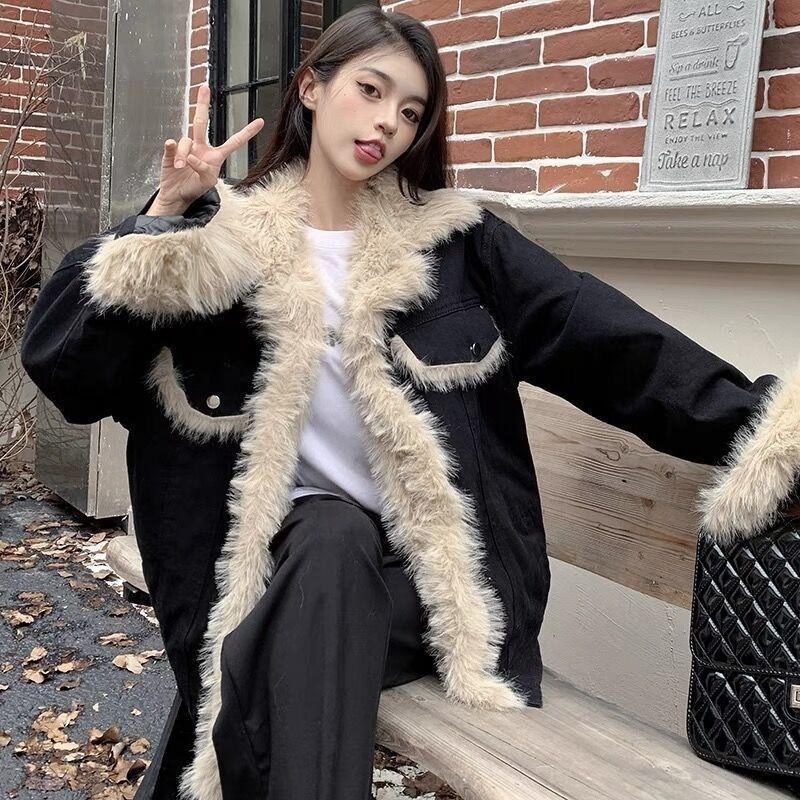 Padded High-end Denim Jacket Women's Imitation Lamb Wool Splicing Medium and Long Cotton-padded Clothing Age-reducing Thickened Thermal Top Winter