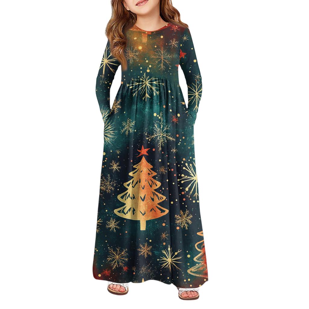 Rochie Maxi pentru Fete - Rochie cu Mânecă Lungă și Buzunare Zi de Crăciun