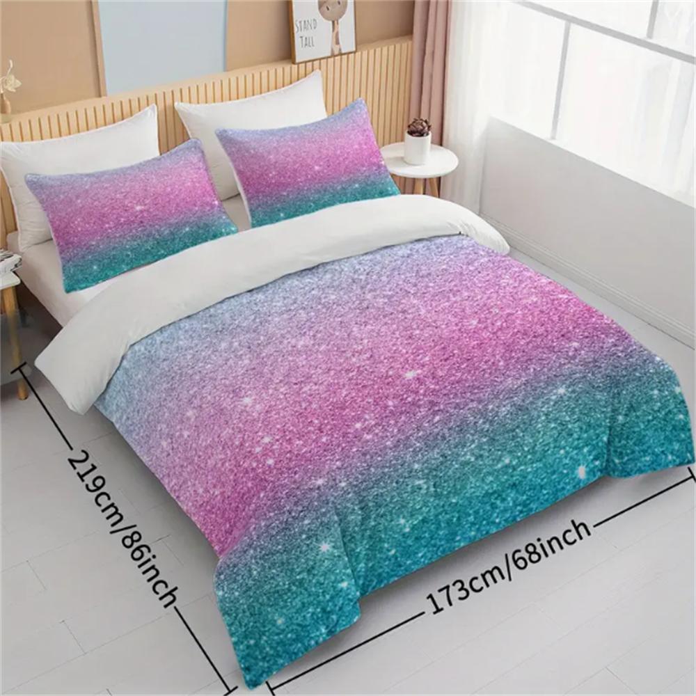 3-Piece Vibrant Turquoise Blue and Pink Pastel Glitter Bedding Set - Duvet Cover Sets with Shining Effect, Trendy Bedspreads