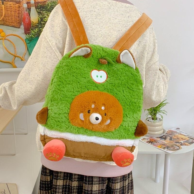 

Bear Sheep Apple Pattern Plush Backpack Breathable Shoulder Schoolbag Straps светло-коричневого