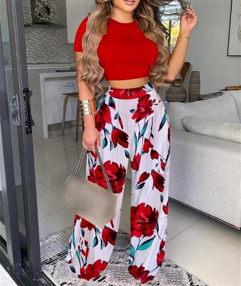 Damen Kurzarm-Oberteil und Blumenmuster Weitbein-Hosen-Set in Mehreren Farben