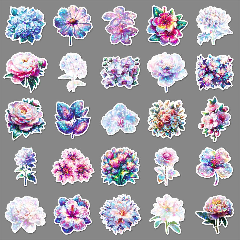50 Sheets Holographic Iridescent Floral Stickers - Colorful, Waterproof, INS Style for Storage Boxes & Teacups