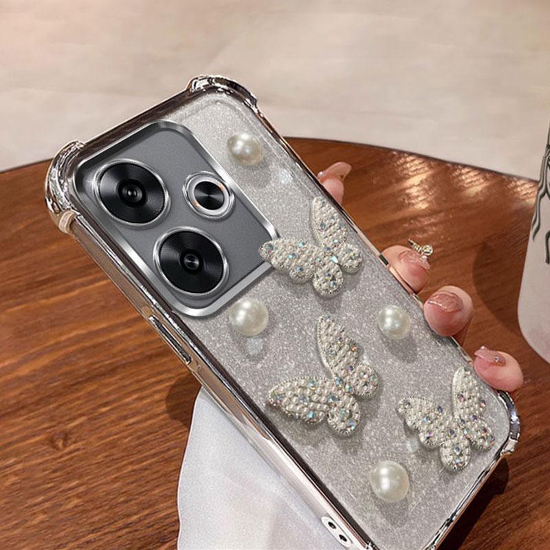 Poco F6 Pro Luxury Pearl Butterfly Bracelet Shockproof Plating Case For Xiaomi Redmi 14C 13 13C 12 12C 10 9 9A 9C A5 4G Cover