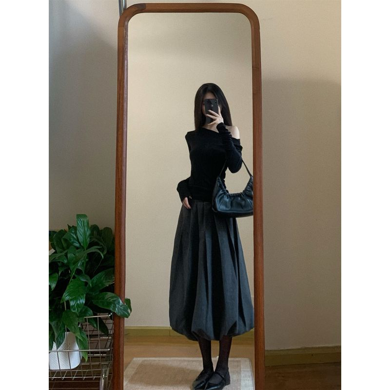 Kumikumi Pure Desire Style Set Sloping Shoulder Temperament Long sleeves Shirt Women Autumn High Waist Slimming Skirt Two-piece Set