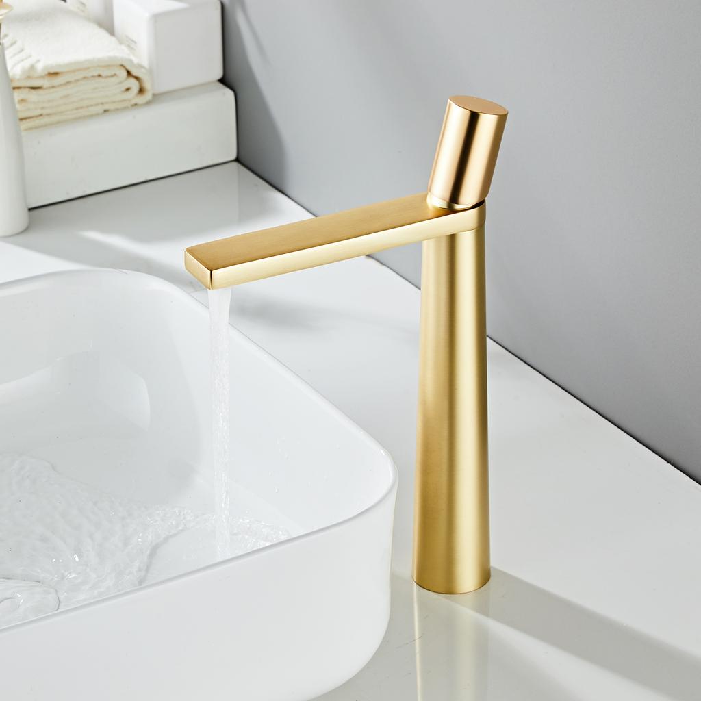 Single Handle Hot and Cold Deck Mounted Tall Brass Sink Mixer Round Gold Brushed Bathroom Modern Wash Basin Faucet Tap