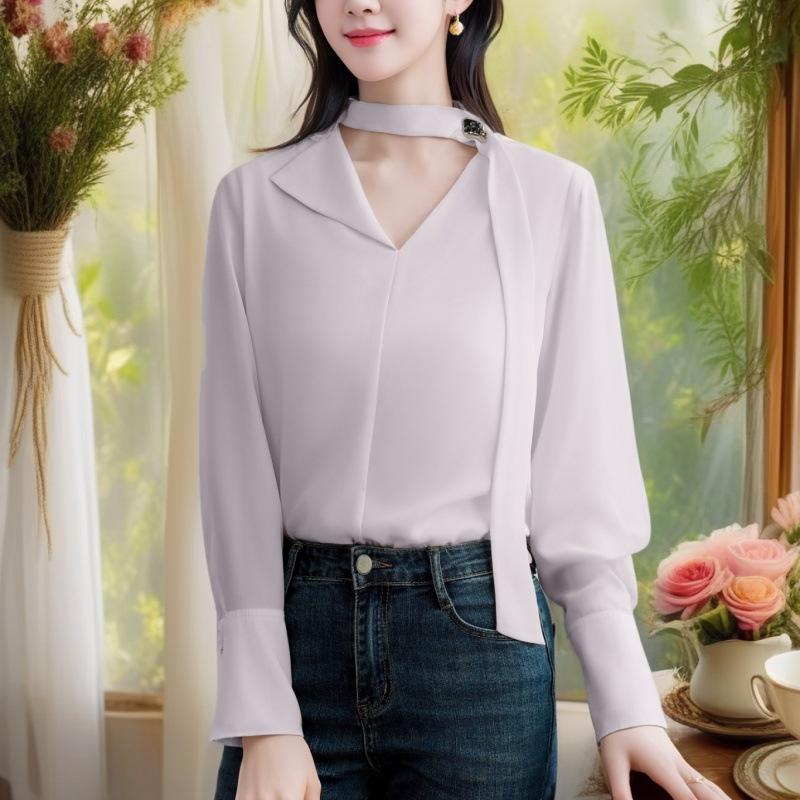 

Рубашка Temperament Streamer с V-образным вырезом, женская, весенняя, новый дизайн, верхняя, универсальная, тонкая, с длинными рукавами L