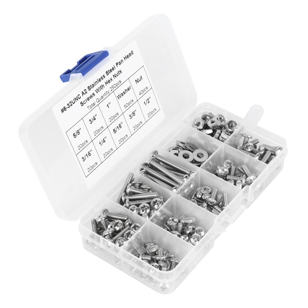 304 Stainless Steel Screws Cross Pan Head Screws with Hex Nuts Washers Screw Kit250pcs #632UNC